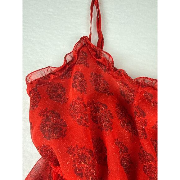 90s Vintage Victoria secret babydoll sheer chiffon ruffle red gold specks size M - Picture 2 of 6